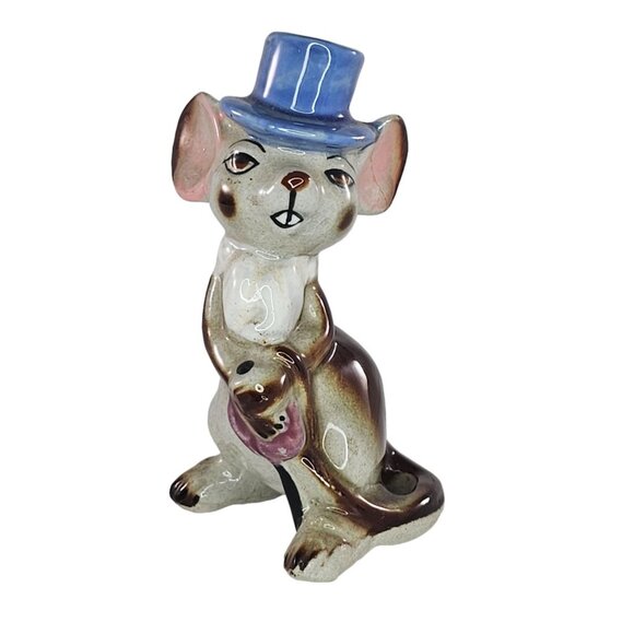Vintage Ceramic Mouse Figurine Blue Top Hat Cane Anthropomorphic *Repair* - Picture 1 of 8